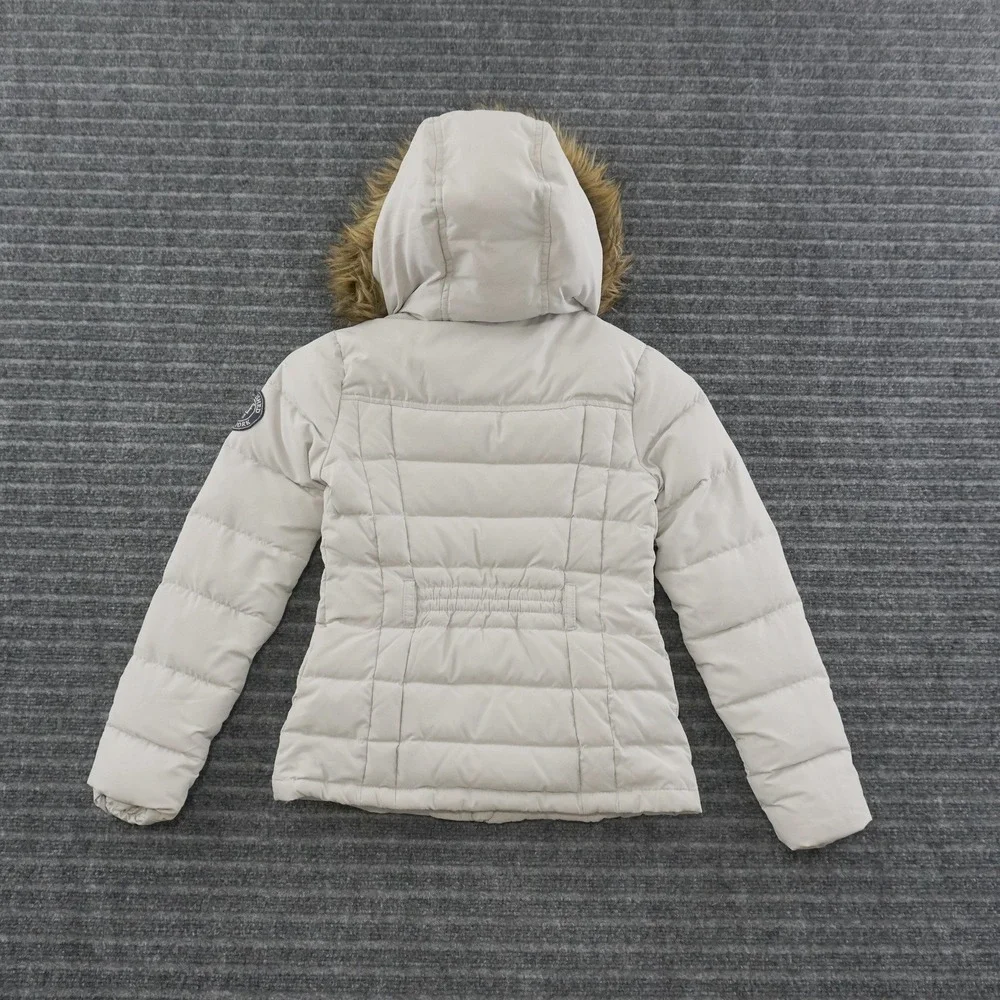 Y2K Abercrombie Kids Puffer Jacket Kids Size S Cream Faux Fur Hooded Coat